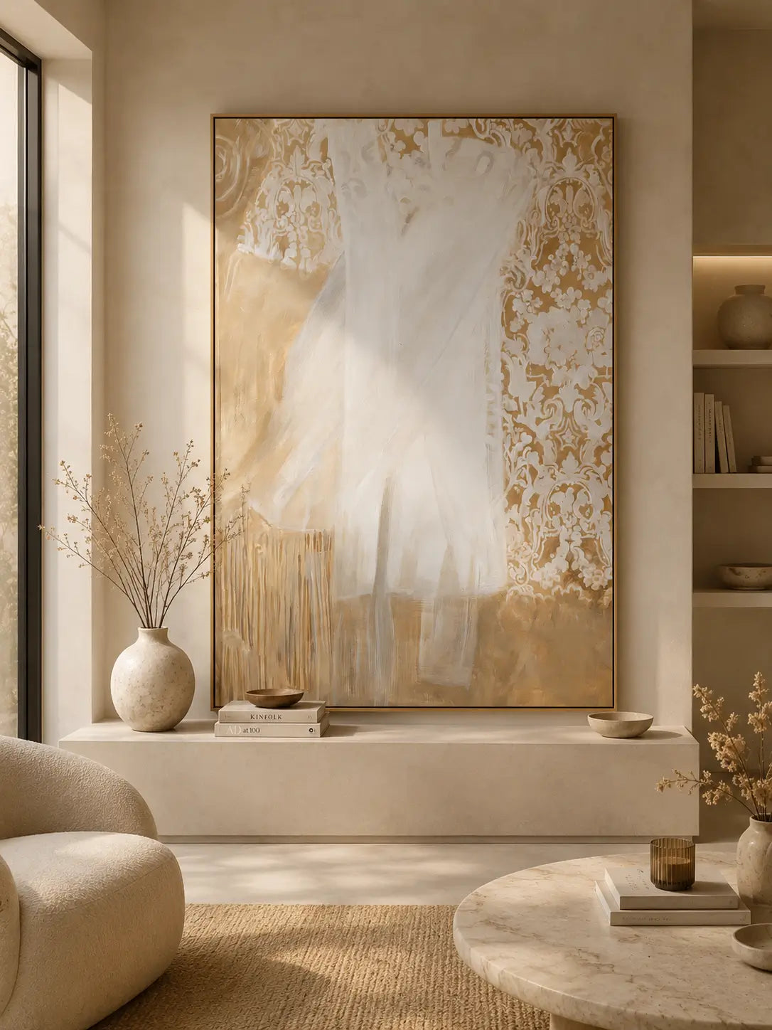 A large vertical abstract wall art piece with flowing white and gold brushstrokes, displayed in a warm, modern living room setting with a beige armchair, a round marble coffee table, and neutral-toned ceramic vases.