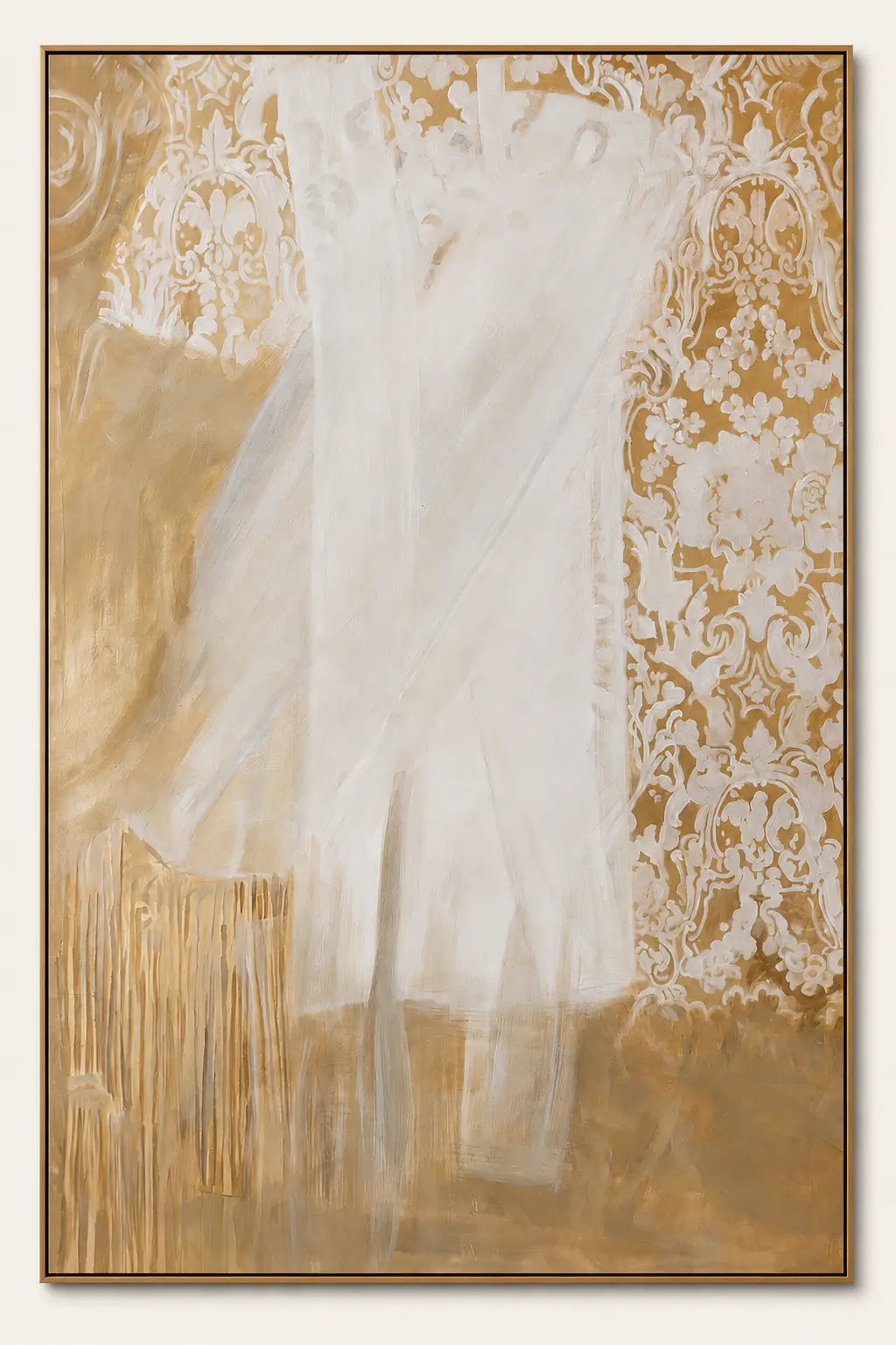 An abstract painting featuring a central white draped shape over a textured gold and beige background with ornate white floral patterns on the right side, enclosed in a thin dark frame.