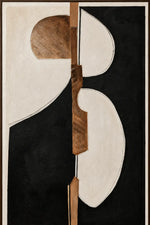 Abstract geometric wall art featuring organic shapes in cream, black, and natural wood tones, framed by a thin dark border.