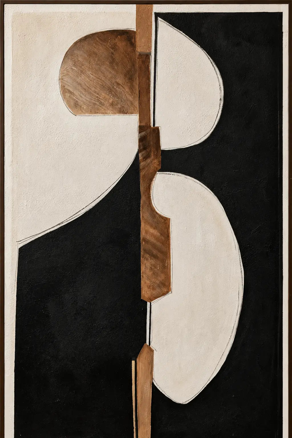 Abstract geometric wall art featuring organic shapes in cream, black, and natural wood tones, framed by a thin dark border.