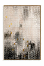 An abstract framed wall art print featuring a textured, scale-like pattern in beige, gray, black, and small gold accents, set against a clean white background.