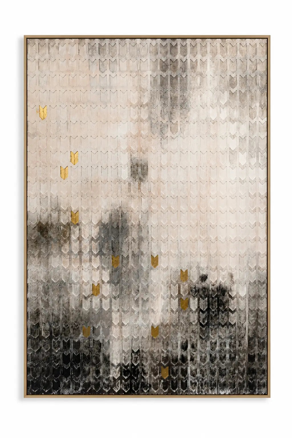 An abstract framed wall art print featuring a textured, scale-like pattern in beige, gray, black, and small gold accents, set against a clean white background.