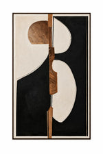An abstract geometric wall art print featuring organic shapes in black, cream, and brown, framed by a thin dark border on a white background.