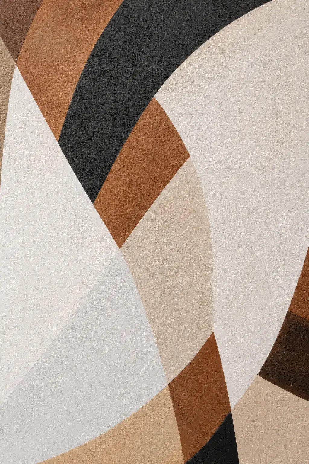Abstract geometric pattern rug with curved sweeping shapes in cream, beige, tan, brown, black, and off-white.