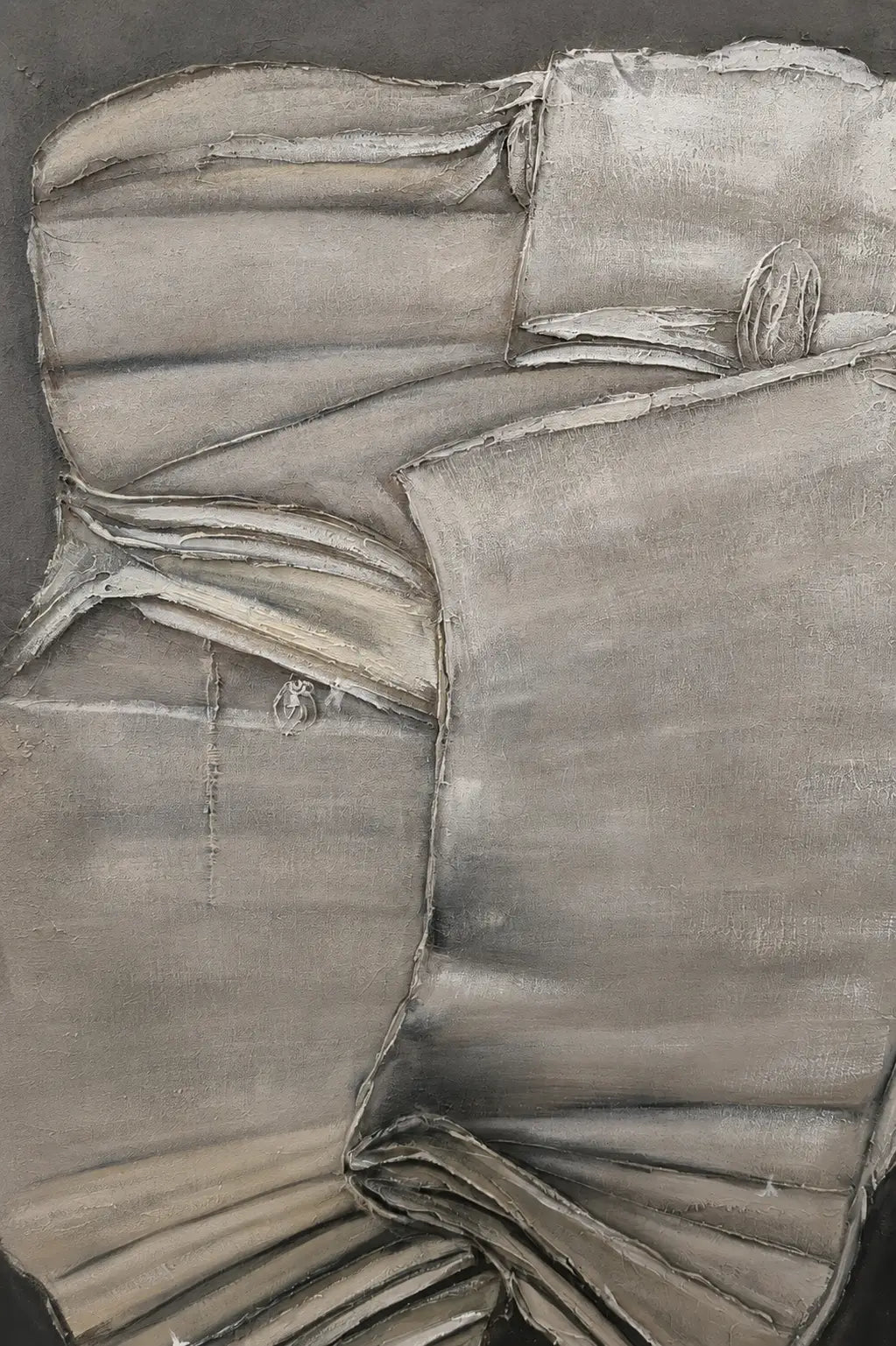 An abstract painting depicting draped, folded gray and beige fabric textures with expressive brushstrokes on a dark background.