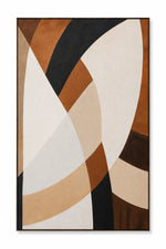 An abstract geometric wall art print featuring intersecting curved shapes in cream, tan, brown, black, and dark brown tones, presented in a thin dark frame against a clean white background.