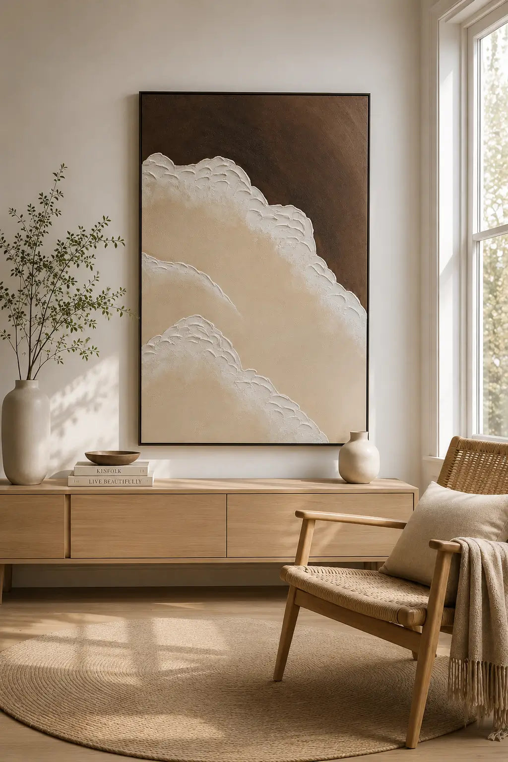 A large vertical framed wall art piece with an abstract cloud-like design in cream, beige, and dark brown, displayed above a light wood console in a sunlit modern room with a chair and vase.