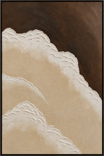An abstract art print featuring textured, layered beige and cream wave-like forms against a dark brown background, framed by a thin black border.