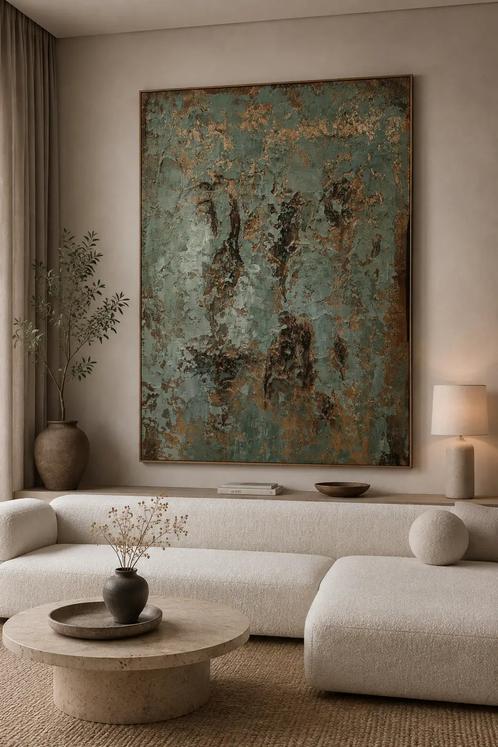 A large framed abstract canvas print with textured teal, green, and gold tones hangs on a beige wall above a cream bouclé sectional sofa in a styled living room.