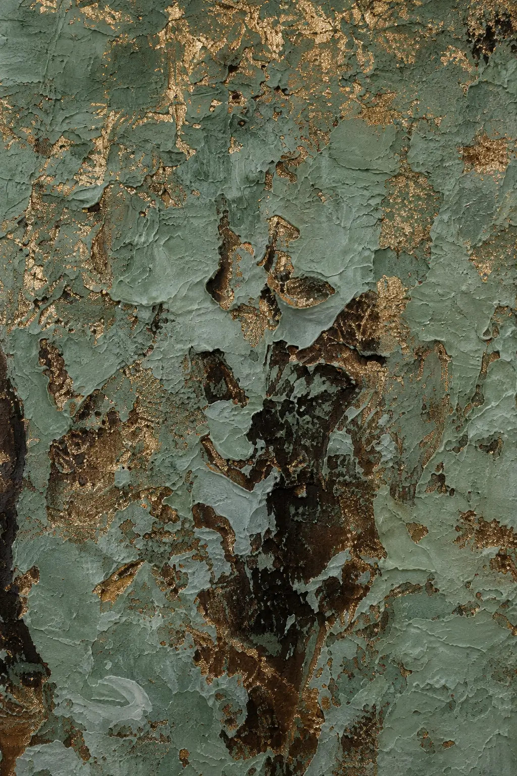 Abstract textured artwork featuring a distressed, peeling paint surface in muted sage green, gray, and metallic gold-brown tones.