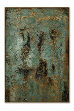 An abstract framed wall art print featuring a textured, distressed design in shades of teal green, gold, and dark brown, set against a clean white background.