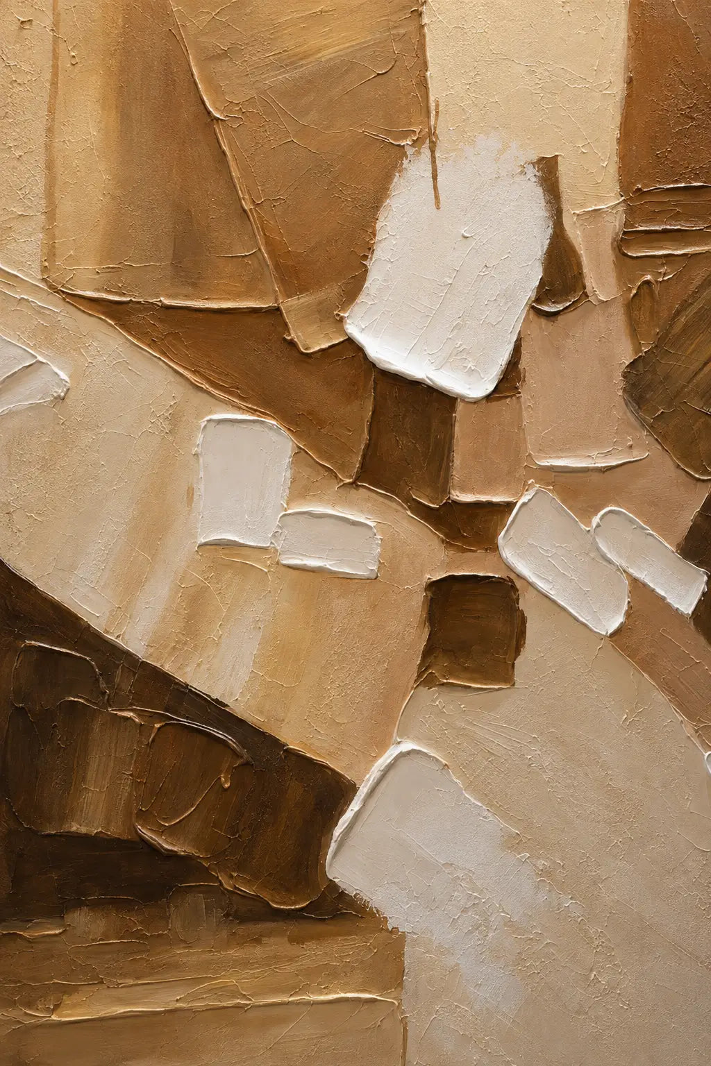 Abstract textured painting with layered thick brushstrokes in warm beige, tan, brown, cream, and off-white tones.