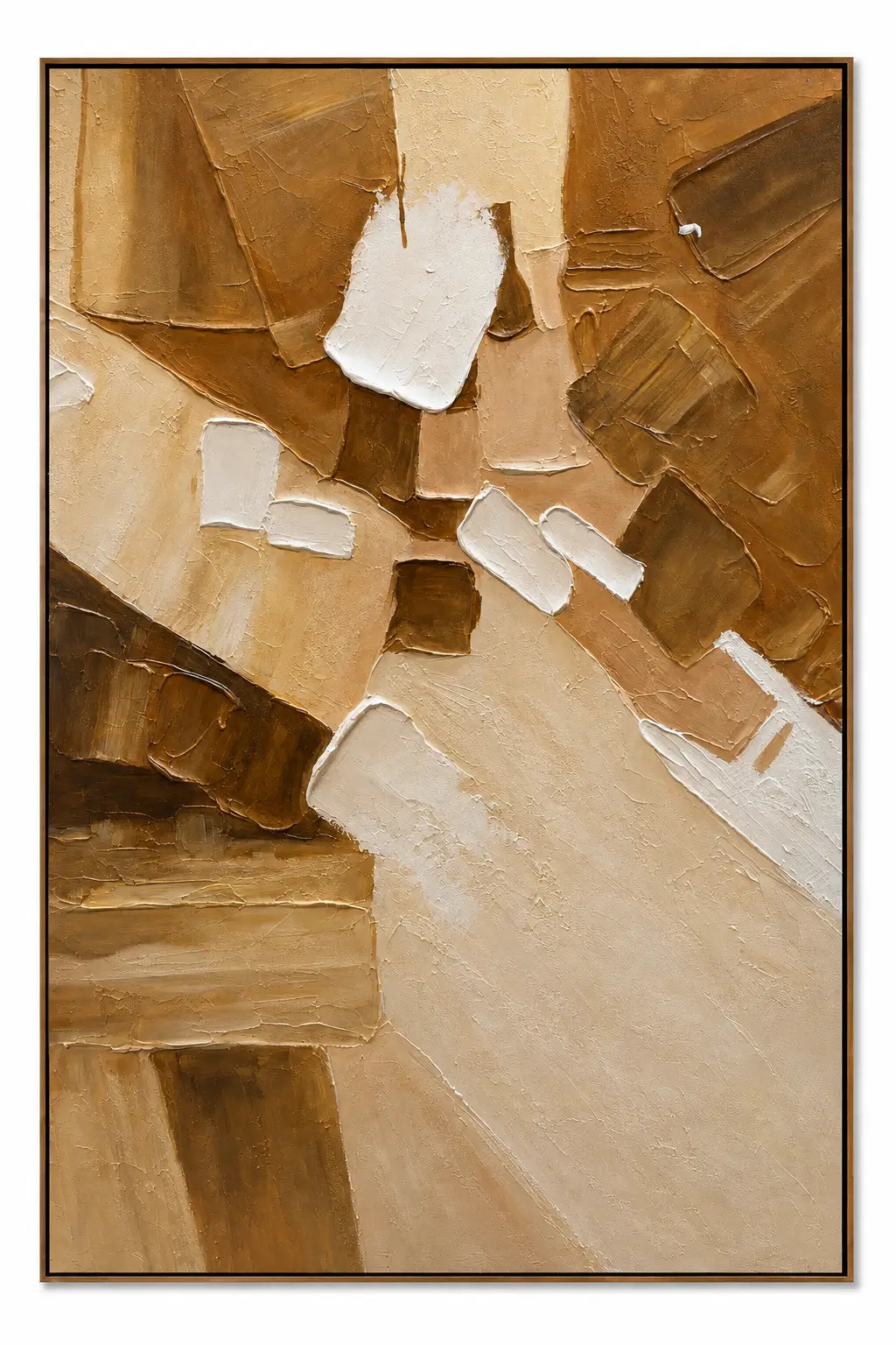 An abstract canvas painting featuring textured impasto brushstrokes in warm brown, beige, tan, and white tones, enclosed in a thin dark frame.