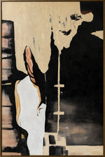 An abstract painting depicting a figure in a white robe against a dark background with beige drips and a cross motif, enclosed in a thin gold frame.