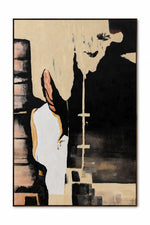 An abstract canvas painting featuring a stylized figure in white and black, with beige and brown textured elements, presented in a thin dark frame against a white background.
