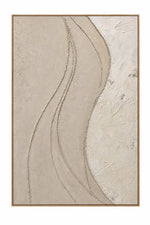 An abstract textured painting featuring organic wavy lines in beige and cream tones, enclosed in a thin light wood frame.