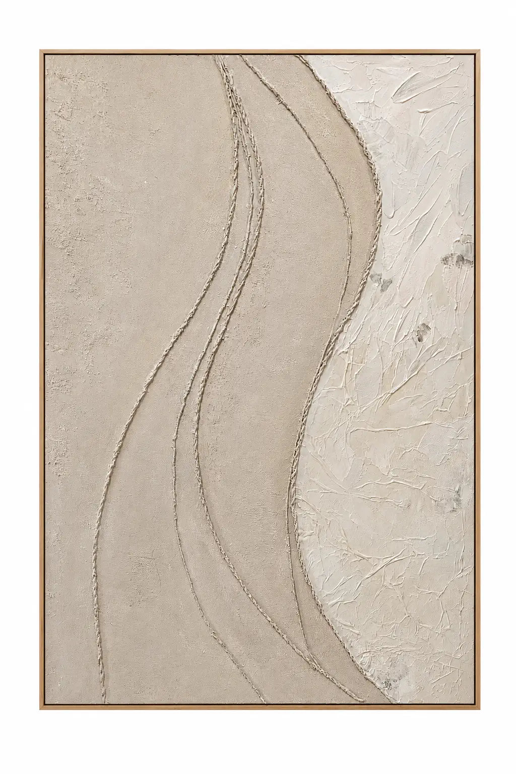 An abstract textured painting featuring organic wavy lines in beige and cream tones, enclosed in a thin light wood frame.