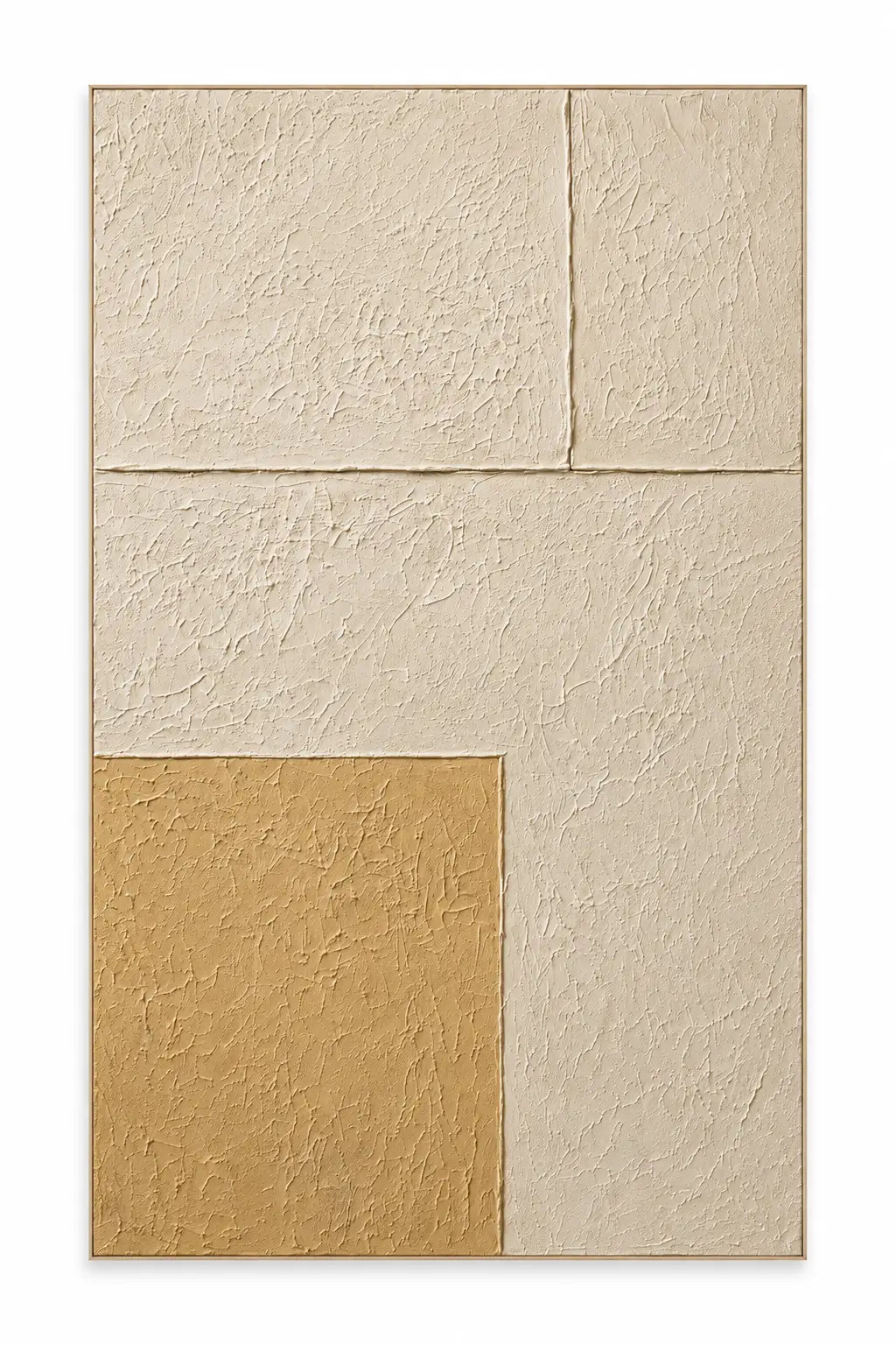 An abstract geometric wall art print featuring a textured design with a large beige block, a smaller tan block, and a vertical beige stripe, presented on a clean white background.