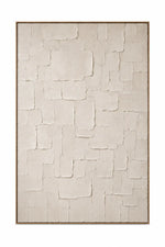 A framed abstract wall art piece featuring a textured pattern of overlapping rectangular shapes in warm off-white and beige tones, enclosed in a thin brown frame against a white background.