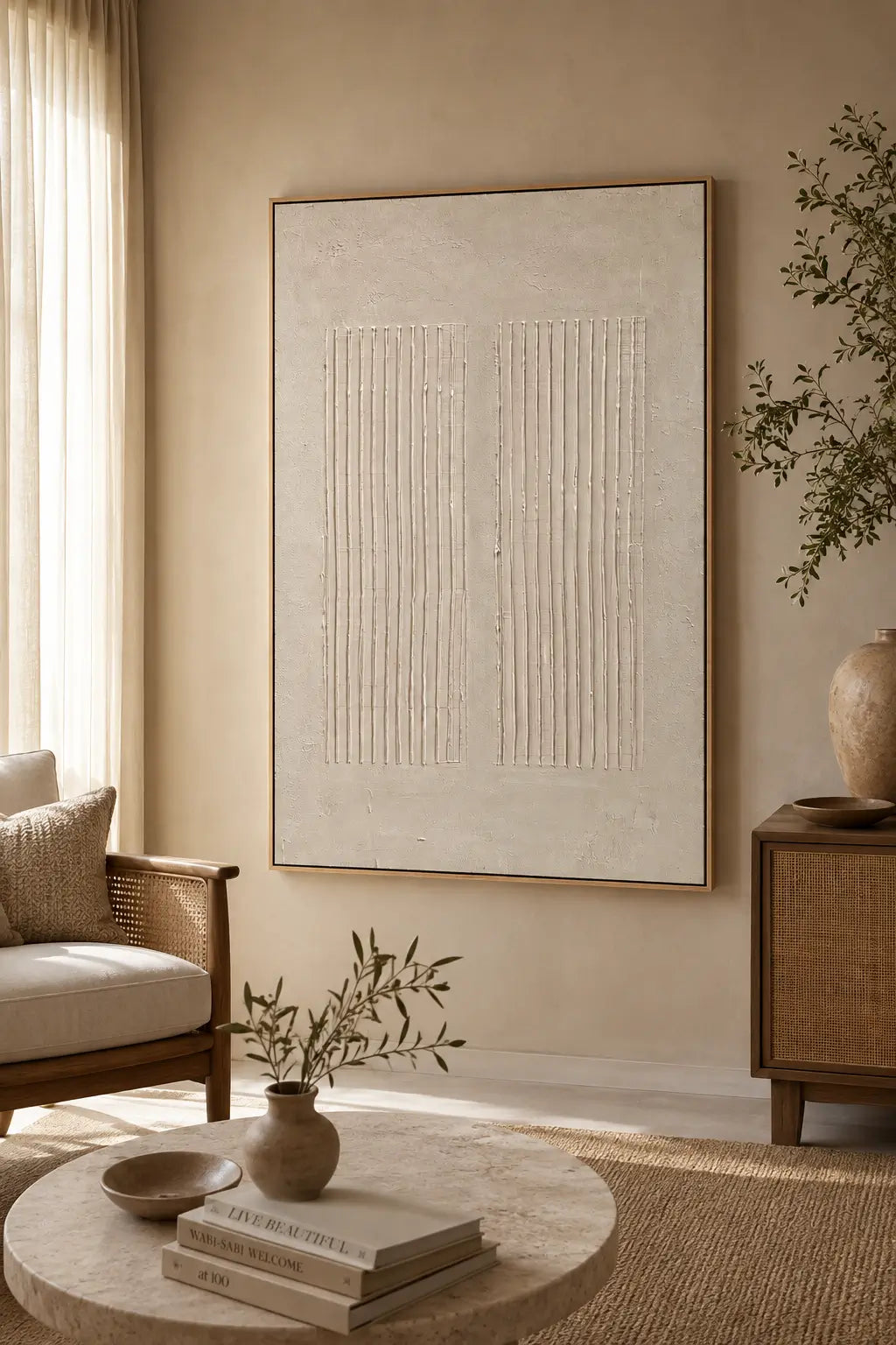 Large framed abstract wall art with vertical textured lines in warm off-white tones, displayed in a styled living room with a chair, round coffee table, books, and a side cabinet.