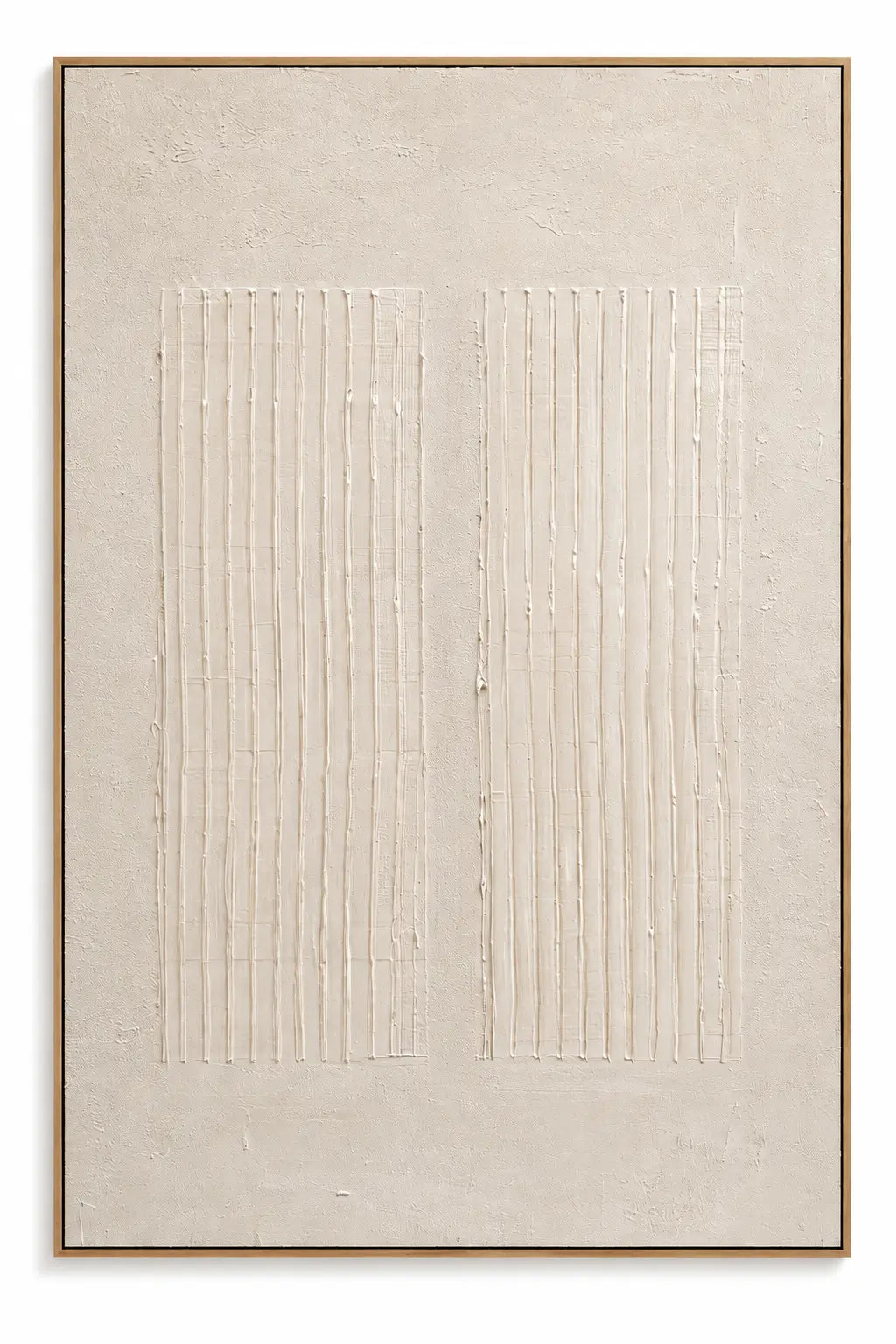 An abstract framed wall art piece featuring two vertical ribbed rectangular panels in a warm beige tone against a matching textured background, enclosed in a thin light wood frame.