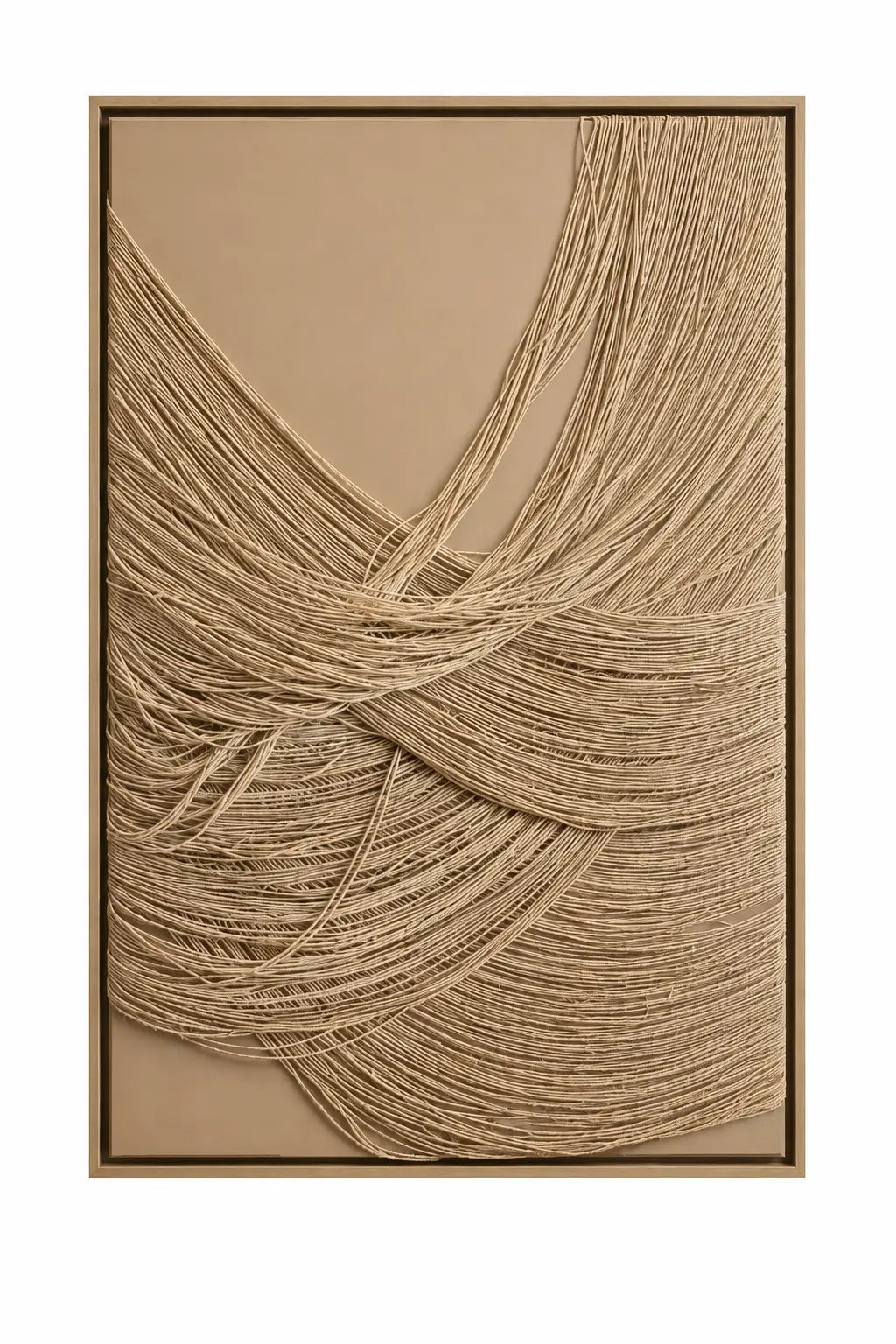 Abstract framed wall art featuring layered, flowing strands of natural fiber or rope in warm beige and tan tones, set within a thin dark frame against a light neutral background.