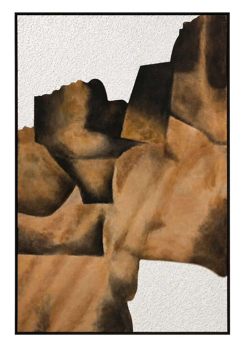 An abstract art print featuring textured brown and tan shapes against a white background, framed by a thin black border.