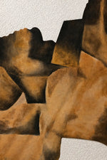 Abstract watercolor painting of a reclining figure in warm brown, tan, and black tones against a textured off-white background.