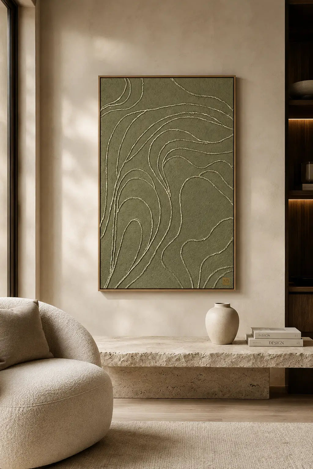 A framed abstract wall art piece with flowing contour-line patterns in muted sage green and cream, displayed in a modern living room setting above a stone console table.