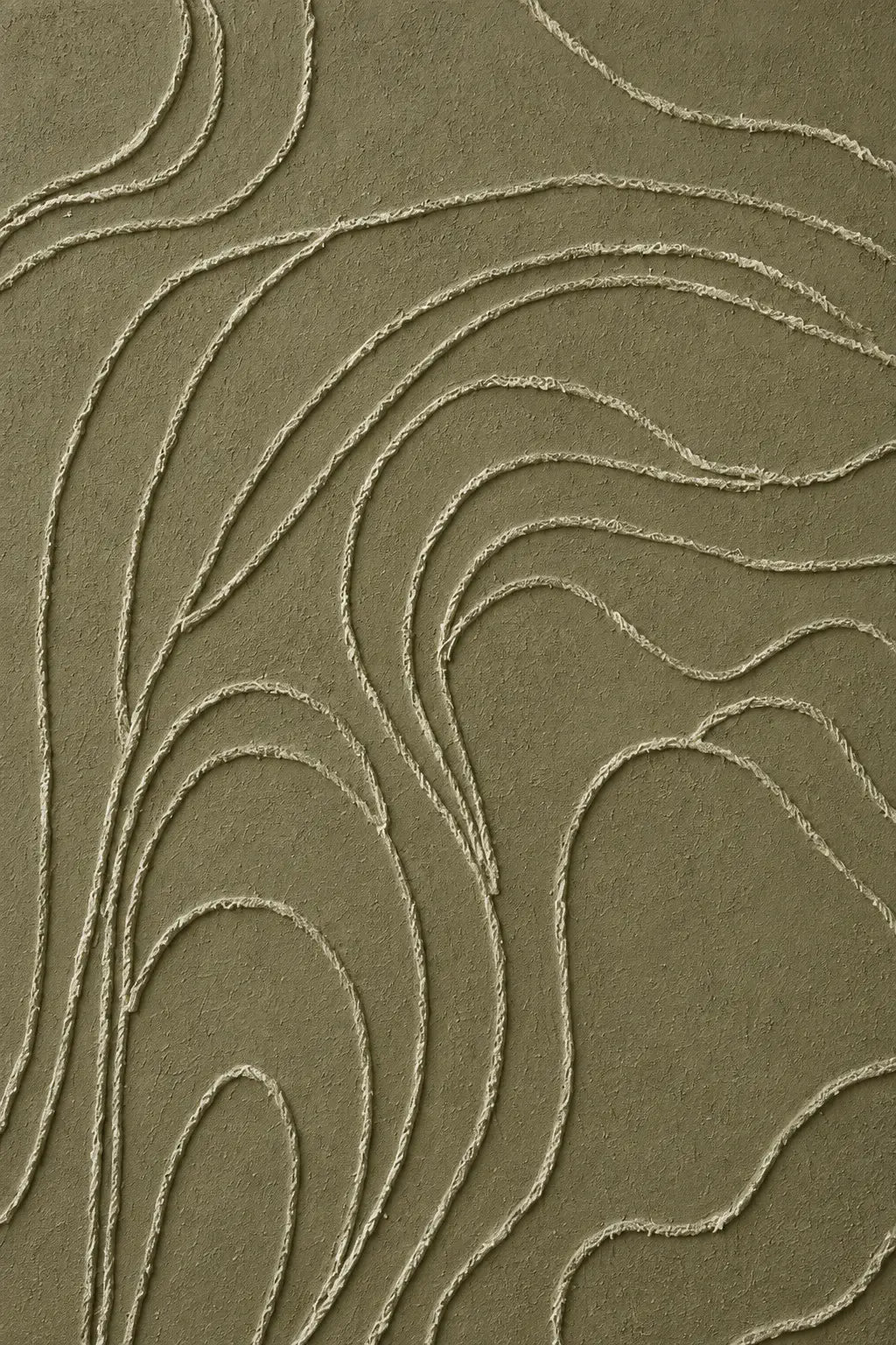 A close-up of a textured fabric or wallpaper in a muted olive green color, featuring a raised abstract wavy pattern in a contrasting light beige tone.