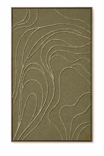 A rectangular area rug with an abstract organic wavy pattern in a muted olive green color, framed by a thin brown border, shown against a plain white background.
