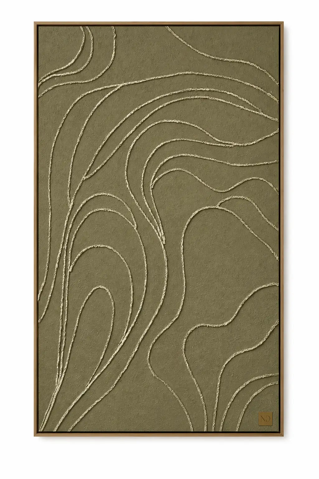 A rectangular area rug with an abstract organic wavy pattern in a muted olive green color, framed by a thin brown border, shown against a plain white background.