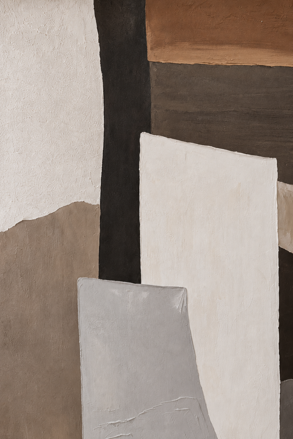 An abstract geometric painting featuring textured blocks of off-white, beige, brown, black, and gray.