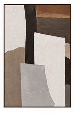 An abstract geometric painting with textured blocks of off-white, taupe, brown, charcoal, and gray, enclosed in a thin dark frame.