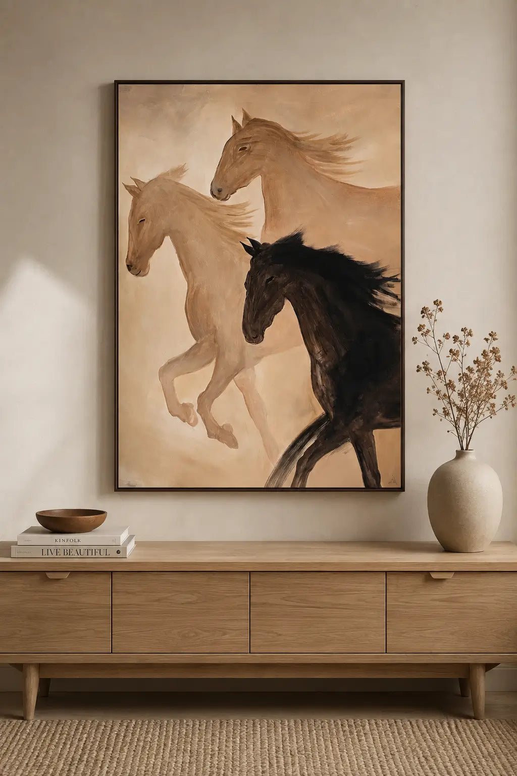 A framed wall art print showing three horses in warm neutral tones, displayed above a light wood console table in a styled interior with a vase and books.