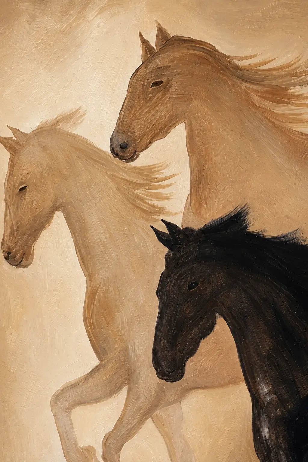 A painting of three horses galloping against a warm beige background: one black horse in the foreground, one light tan horse behind it, and one pale cream horse on the left.