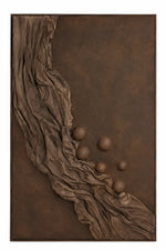 A square bronze wall sculpture featuring a draped, flowing form with several raised spherical elements, set against a dark textured background.