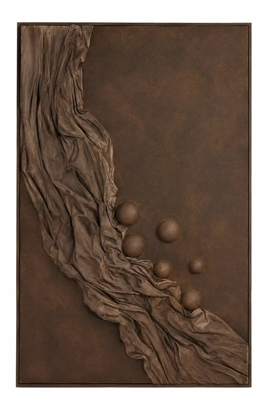 A square bronze wall sculpture featuring a draped, flowing form with several raised spherical elements, set against a dark textured background.