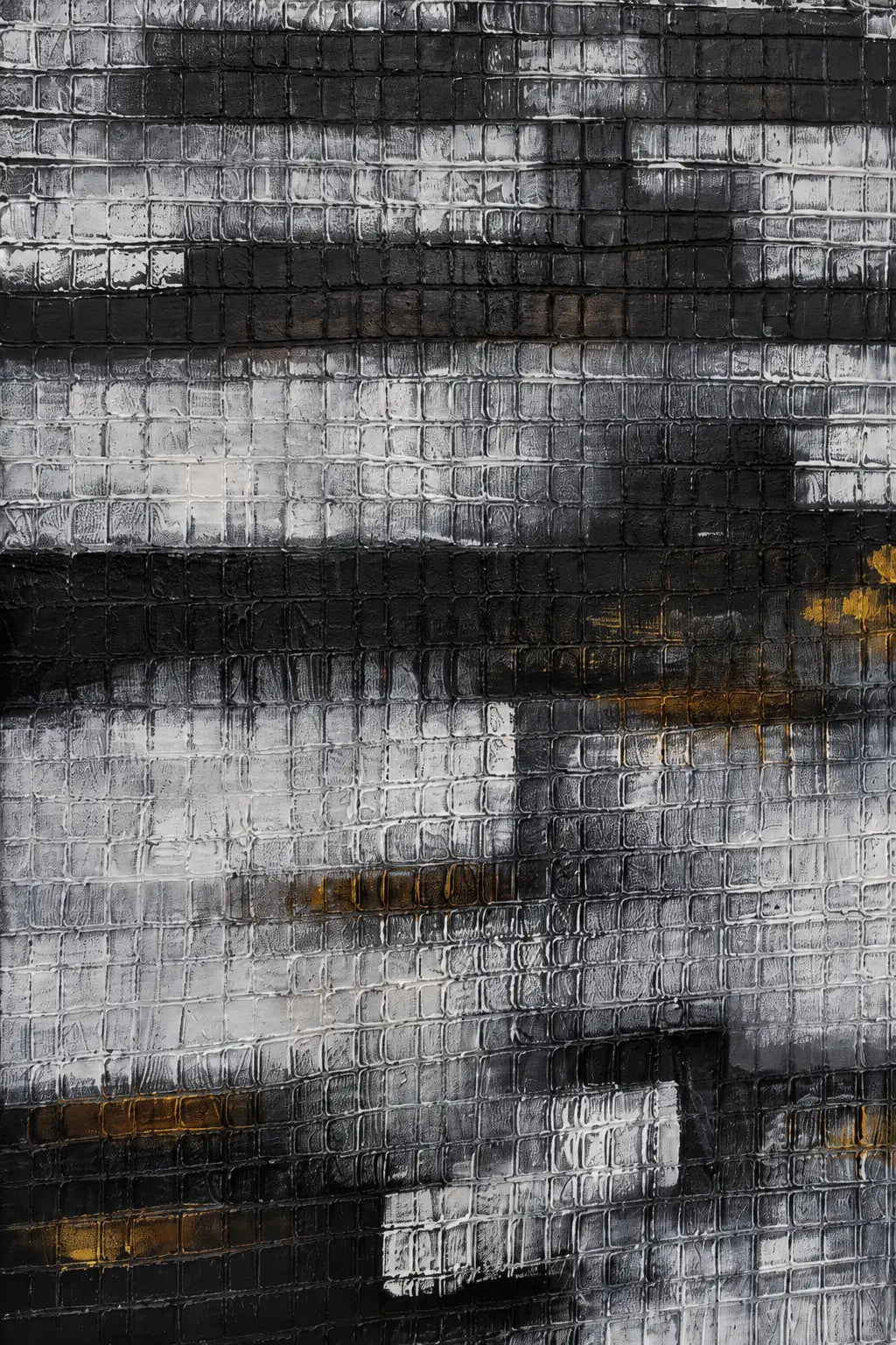 Abstract textured painting with horizontal bands of black, gray, white, and small gold accents, filling the entire frame.