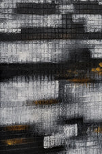 Abstract textured painting with horizontal bands of black, gray, white, and small gold accents, filling the entire frame.