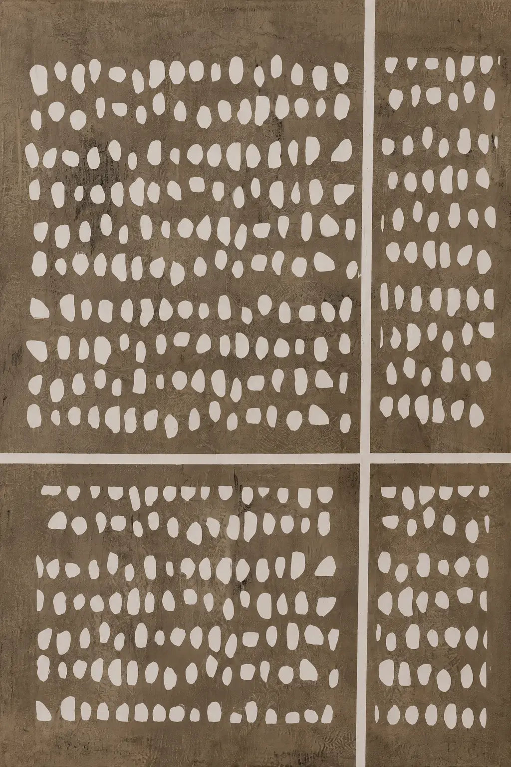 An abstract art print or textile featuring a grid layout with white irregular painted dots on a textured taupe-brown background.