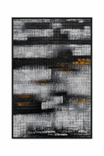 An abstract framed wall art piece featuring textured horizontal brushstrokes in black, gray, white, and small gold accents, presented on a clean white background.