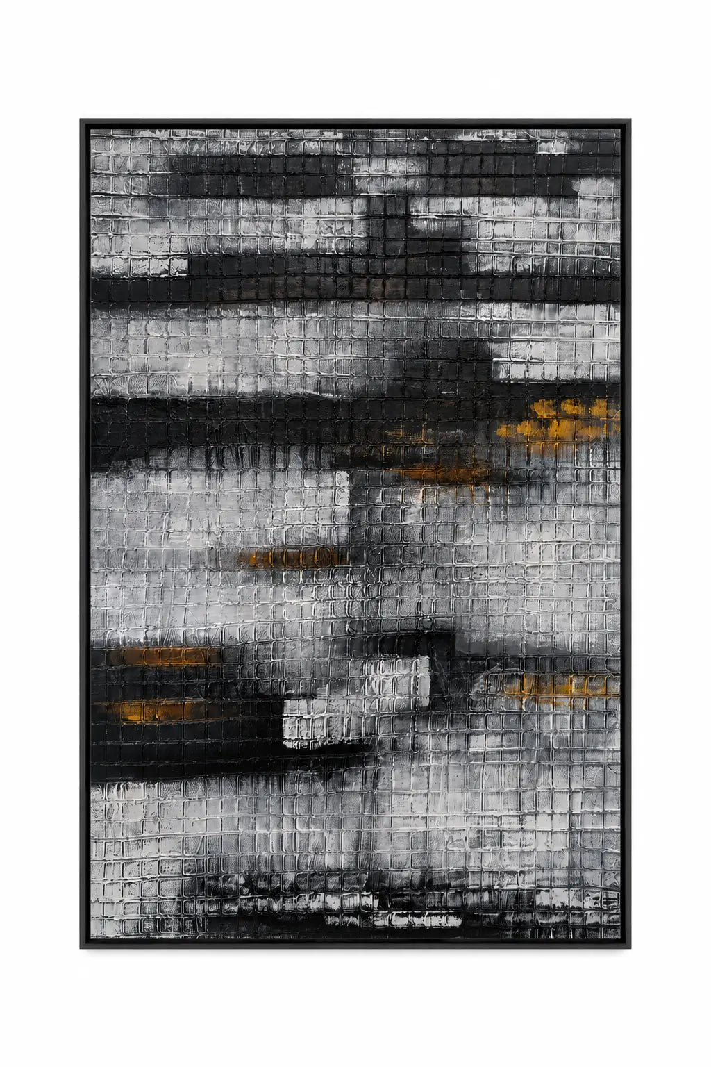 An abstract framed wall art piece featuring textured horizontal brushstrokes in black, gray, white, and small gold accents, presented on a clean white background.