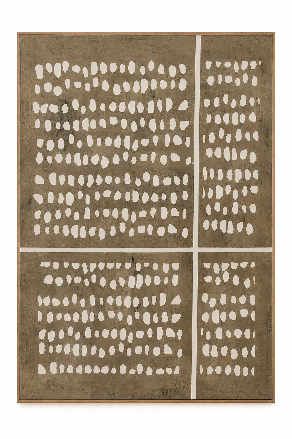 A framed abstract geometric wall art piece featuring a brown background with white dotted patterns arranged in four quadrants and divided by white grid lines, set in a thin light wood frame.