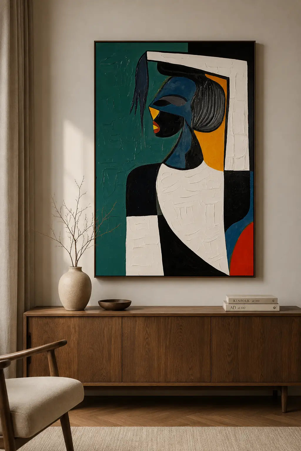 Abstract wall art featuring a stylized portrait in teal, black, white, blue, yellow, and red, displayed above a wooden console in a modern living room setting.