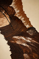 An abstract textured painting featuring layered, impasto brushstrokes in rich shades of brown, tan, and cream on a warm beige background.