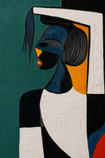 An abstract cubist-style painting of a woman's profile with bold geometric blocks of teal, black, white, blue, orange, and red.