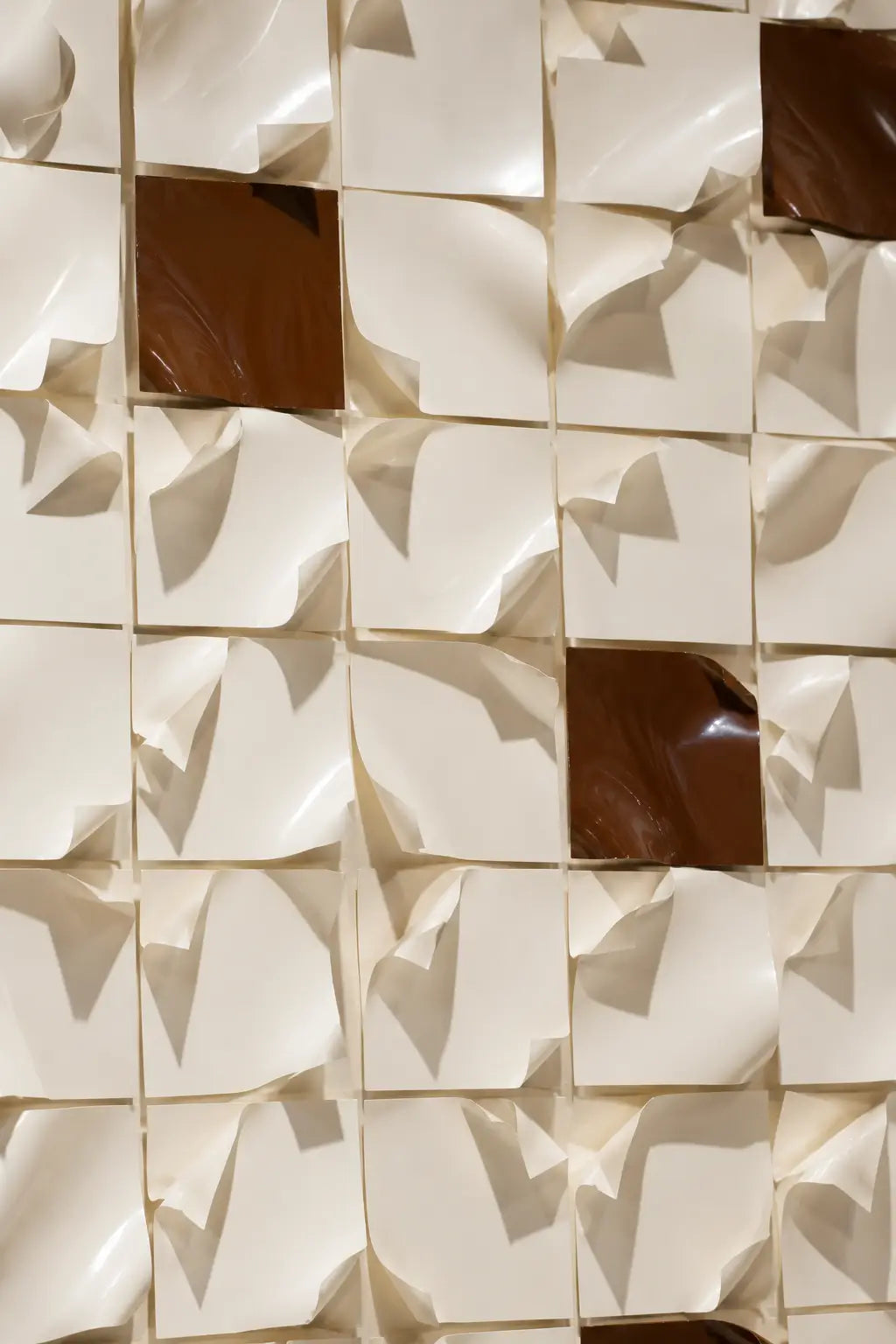 A close-up of a 3D geometric wall art piece featuring cream-colored curled paper-like tiles with alternating glossy dark brown square accents.