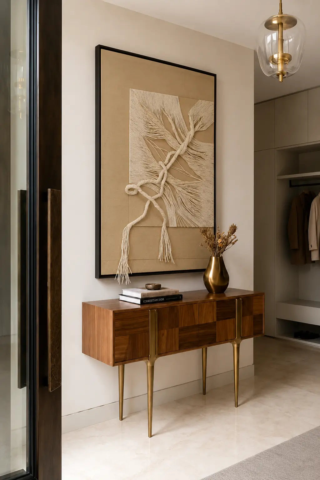 A modern interior entryway featuring a large framed abstract wall art piece with beige and cream tones above a wooden console table with gold legs. A brass vase with dried stems sits on the table, and part of a glass door and closet area are visible in the room.