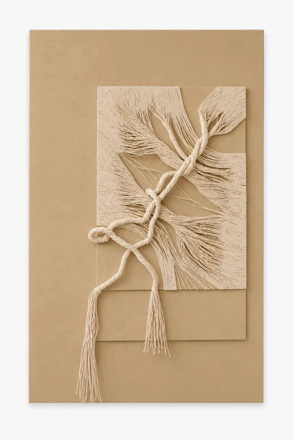 A minimalist beige and cream fiber art piece featuring layered rectangular panels with textured, frayed strands and a knotted rope detail, displayed against a solid tan background.